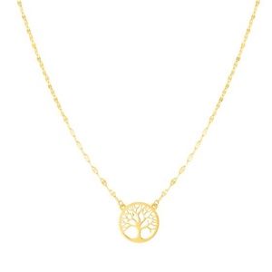 14K Yellow Gold 18" Tree of Life on Mirror Chain Necklace